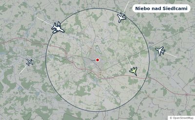 Mapa okolic miasta z sylwetkami samolotów — Niebo nad Siedlcami na żywo
