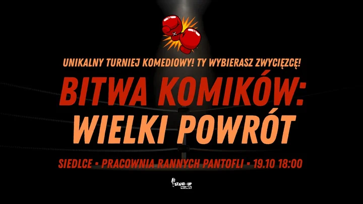Obrazek przedstawia grafikę promocyjną wydarzenia Wieczór stand-upu w Pracowni Rannych Pantofli — 19 października