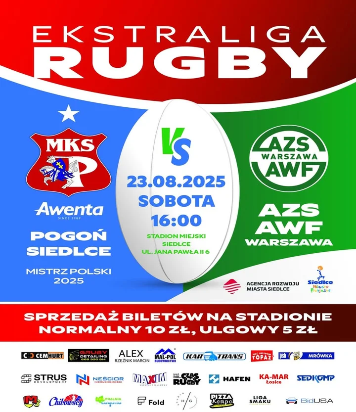 Obrazek przedstawia grafikę promocyjną wydarzenia Otwarcie sezonu Ekstraligi Rugby 2025/2026 w Siedlcach: Pogoń Awenta vs AZS AWF Warszawa