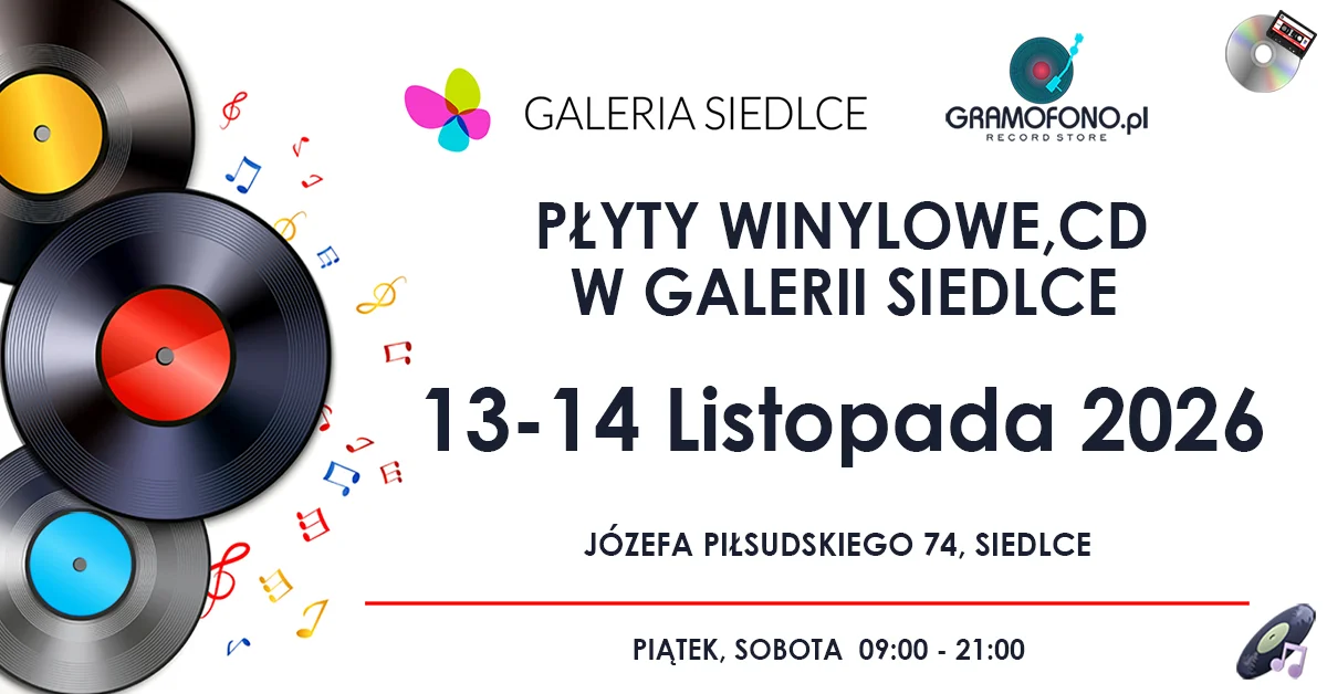 Grafika promocyjna wydarzenia Kiermasz Winylowy w Galerii Siedlce: dwa dni muzyki