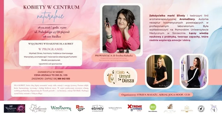 Grafika promocyjna wydarzenia KOBIETY W CENTRUM — warsztat aromaterapii i relaksu dla kobiet w Siedlcach