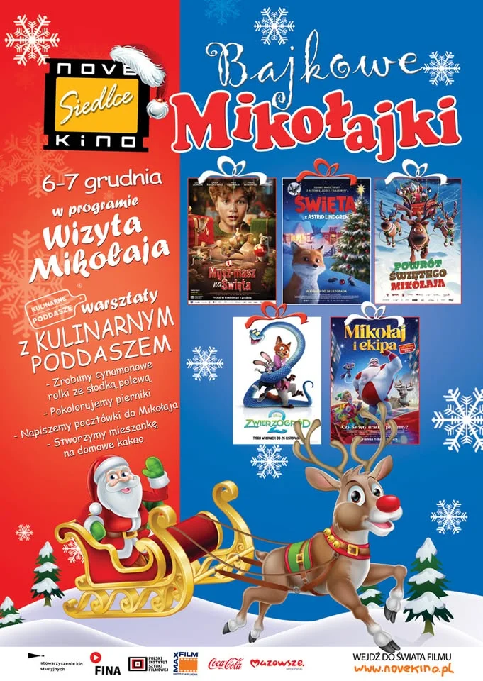 Grafika promocyjna wydarzenia Mikołajkowy Weekend w NoweKino Siedlce — warsztaty, filmy i nagrody (6–7 grudnia 2025)