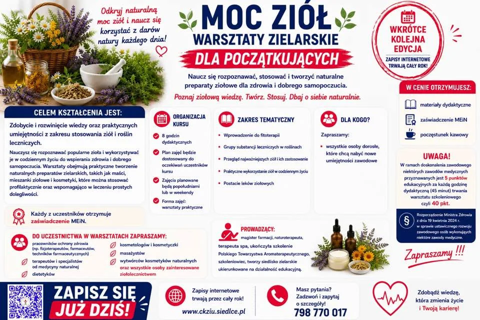 Grafika promocyjna wydarzenia Moc ziół – warsztaty zielarskie dla początkujących w Siedlcach