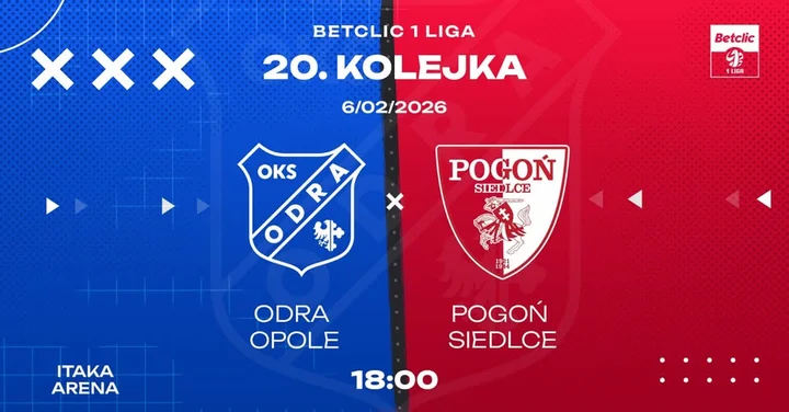 Grafika promocyjna wydarzenia Odra Opole Pogoń Siedlce — mecz na Itaka Arena 6 lutego 2026