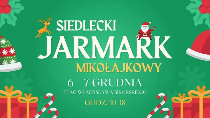 Grafika promocyjna wydarzenia Siedlecki Jarmark Mikołajkowy na Placu Sikorskiego — 6–7 grudnia 2025