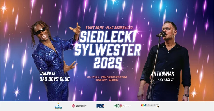 Grafika promocyjna wydarzenia Siedlecki Sylwester 2025/2026 — powitanie Nowego Roku na Placu Sikorskiego