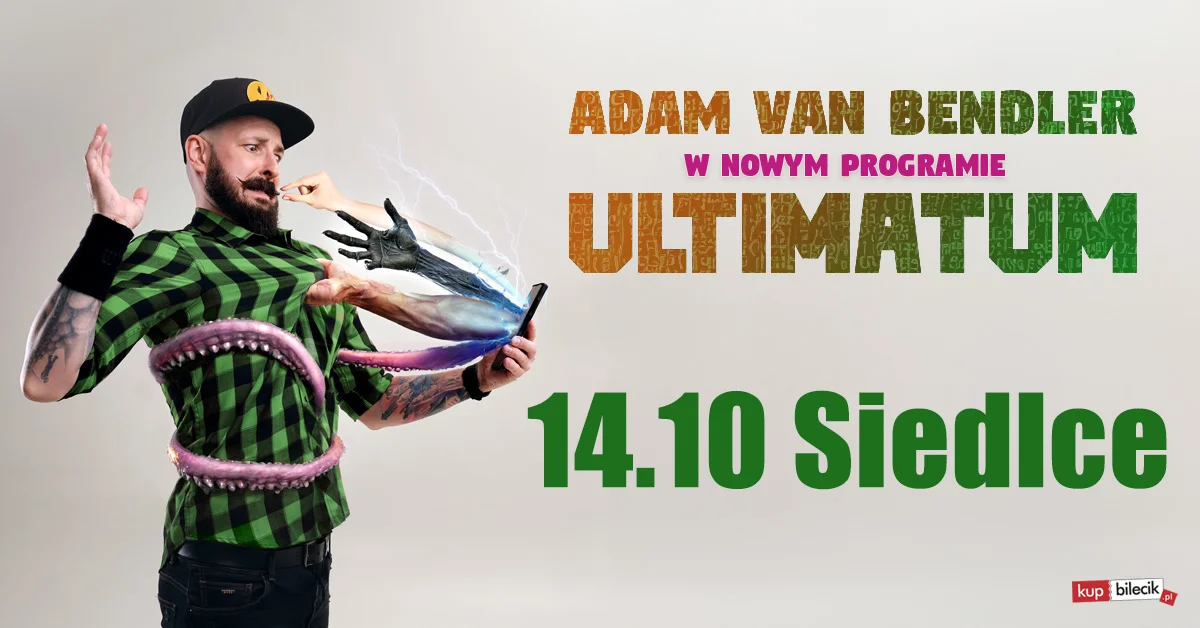 Grafika promocyjna wydarzenia Stand-up Adam Van Bendler z nowym programem w Siedlcach