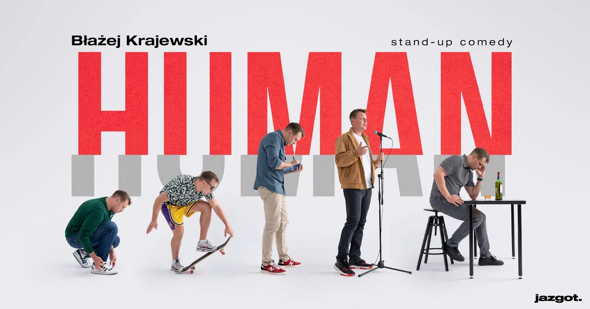 Grafika promocyjna wydarzenia Stand-up Błażeja Krajewskiego z programem "Human" w Siedlcach