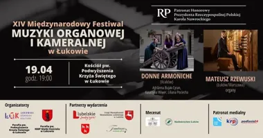 Grafika promocyjna wydarzenia 1. koncert XIV Międzynarodowego Festiwalu Muzyki Organowej i Kameralnej w Łukowie