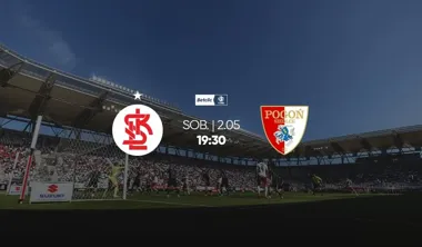 Grafika promocyjna wydarzenia ŁKS Łódź - Pogoń Siedlce w 31. kolejce Betclic 1 Ligi. Mecz na Stadionie Króla