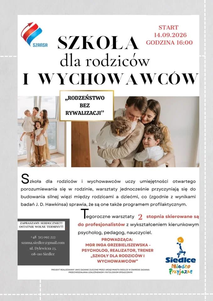 Grafika promocyjna wydarzenia Warsztaty „Szkoła dla rodziców i wychowawców” w Siedlcach