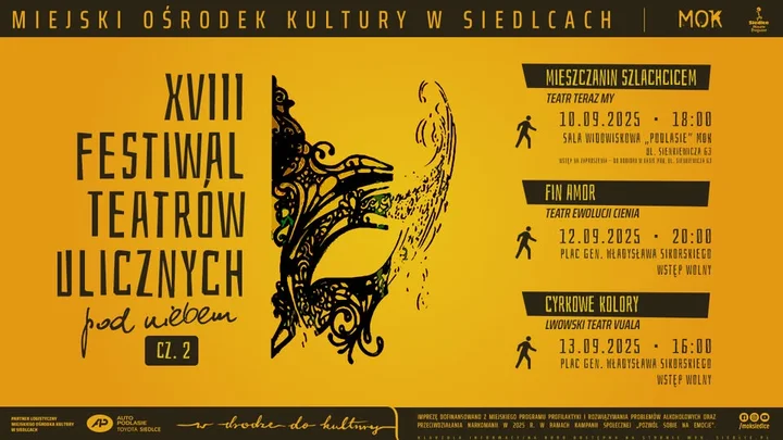 Obrazek przedstawia grafikę promocyjną wydarzenia Przegląd spektakli ulicznych i plenerowych w ramach drugiej części festiwalu