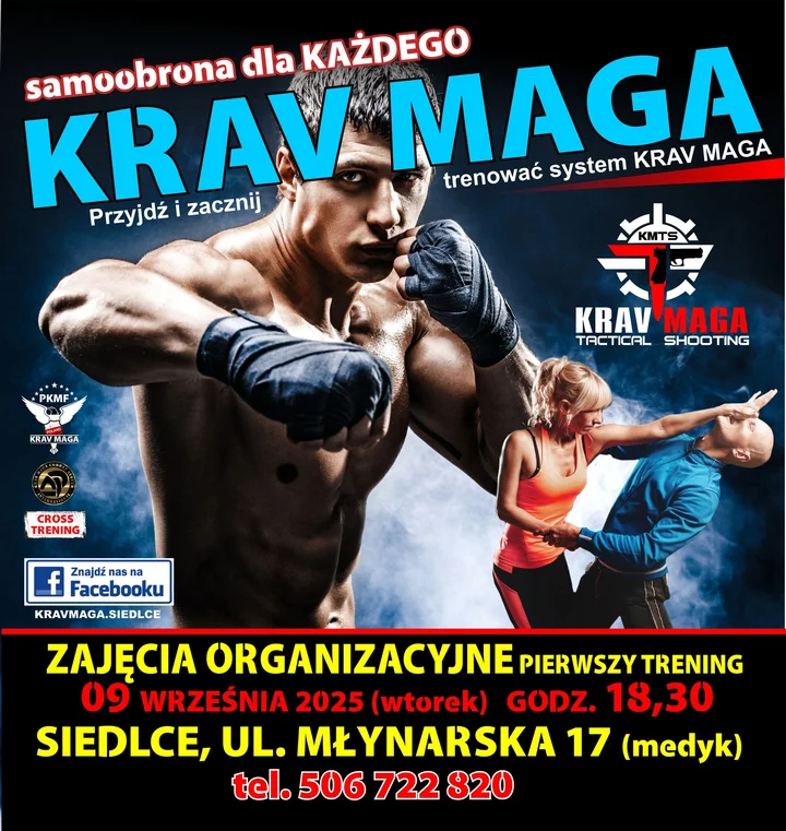 Obrazek przedstawia grafikę promocyjną wydarzenia Pierwszy trening Krav Maga w Siedlcach — start 9 września 2025