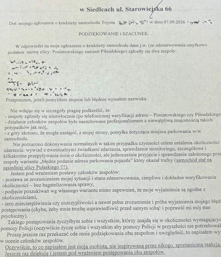 Podziękowanie dla policjantów z Siedlec. Liczył się nie tylko wynik interwencji