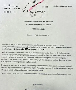 Mieszkaniec Siedlec podziękował policjantom po interwencji. Padły mocne słowa