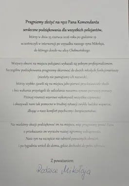 Policjanci z Siedlec ratowali 9-latka. Potem dostali wyjątkowy list