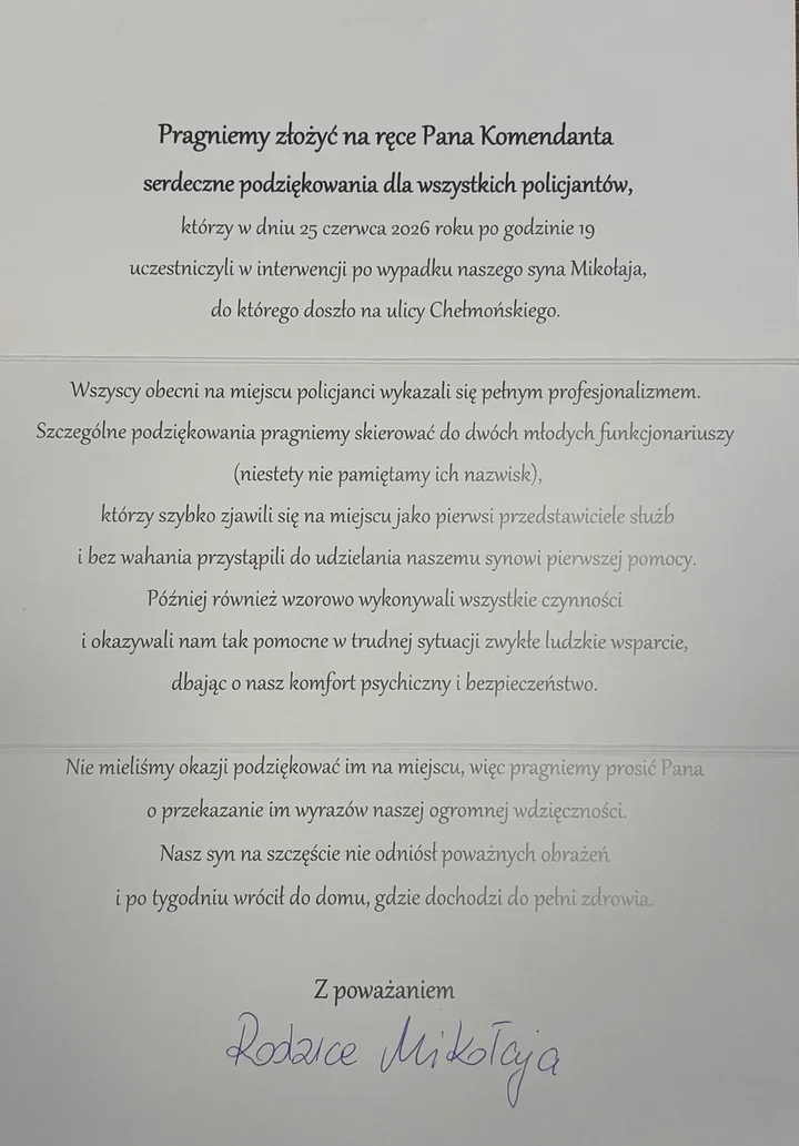 Policjanci z Siedlec ratowali 9-latka. Potem dostali wyjątkowy list